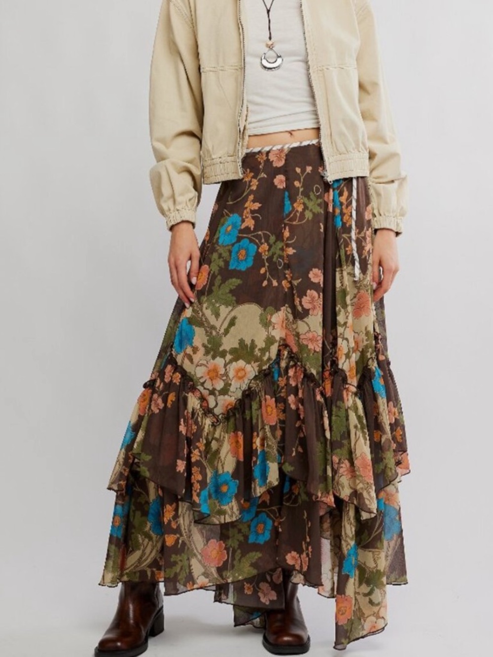 NWOT Free People Palermo Villa Chiffon Floral maxi skirt in chocolate combo